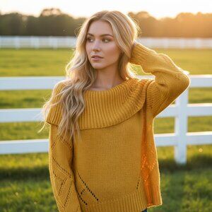NEW LC Yellow Off Shoulder Sweater M Boho Cottage Casual Chic Canary
